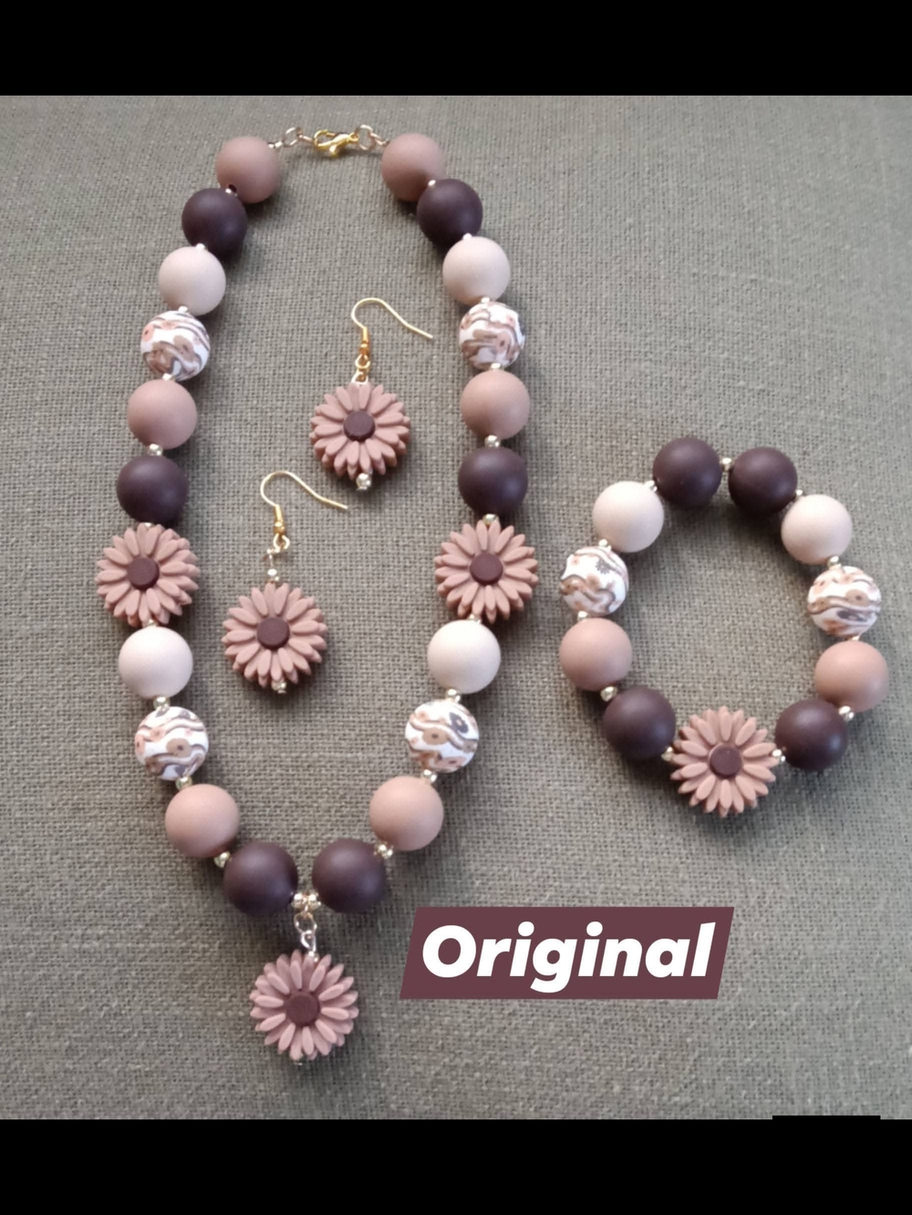 Pink and Brown Floral Bead Necklace Set with Earrings and Bracelet